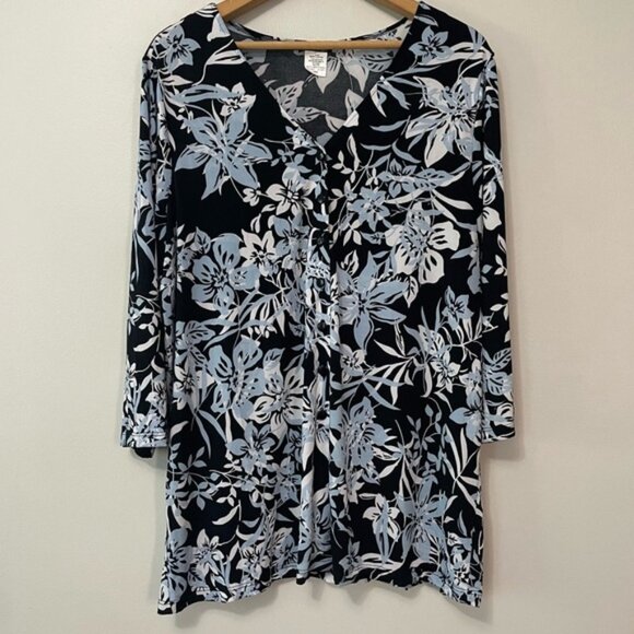New Kim & Co Black Blue White Floral Brazil Knit Top Size XXL bin 4A - Picture 2 of 6